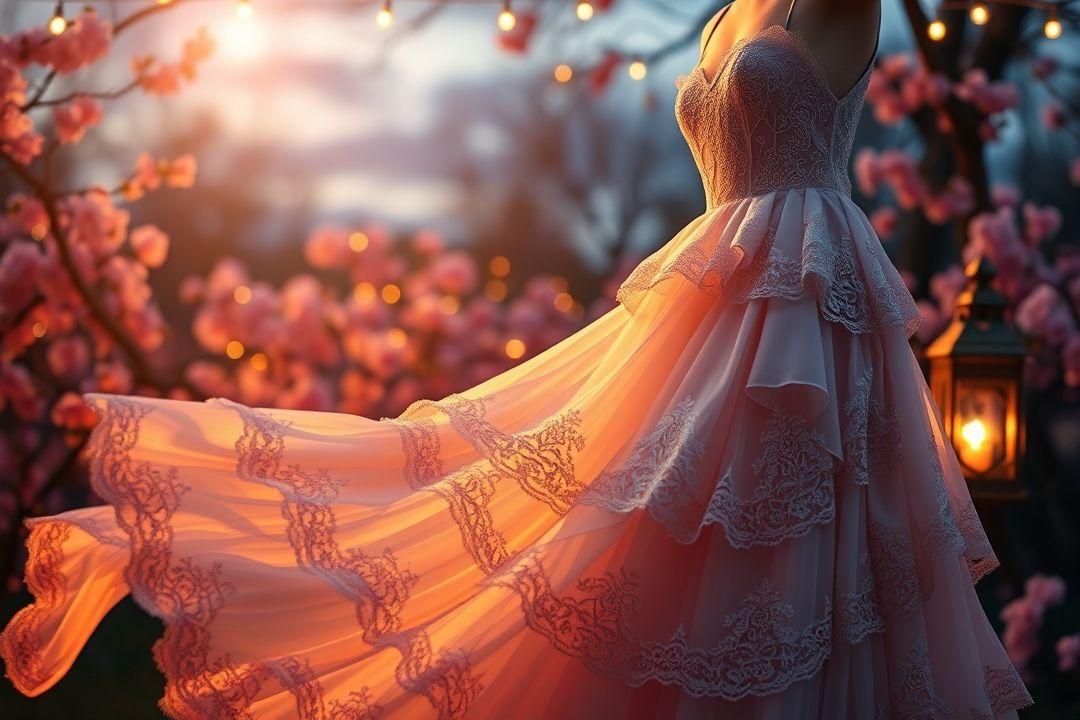  полное изображение платья с ленточным кружевом и моделью.