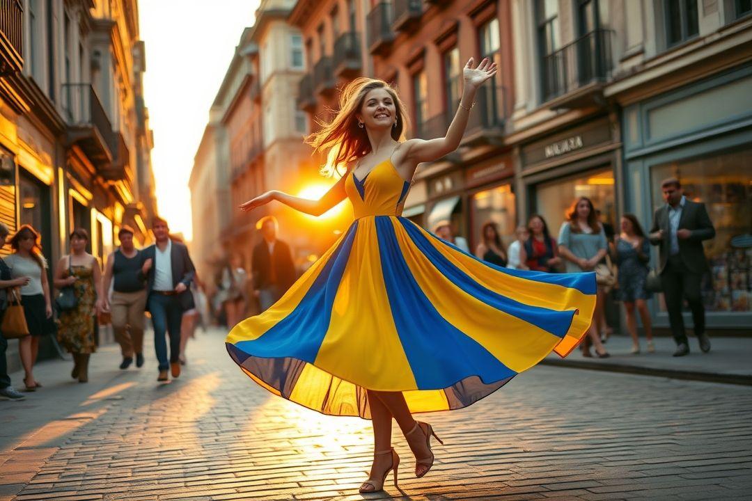 Русская красавица в платье, фотографирующаяся на фоне заката.