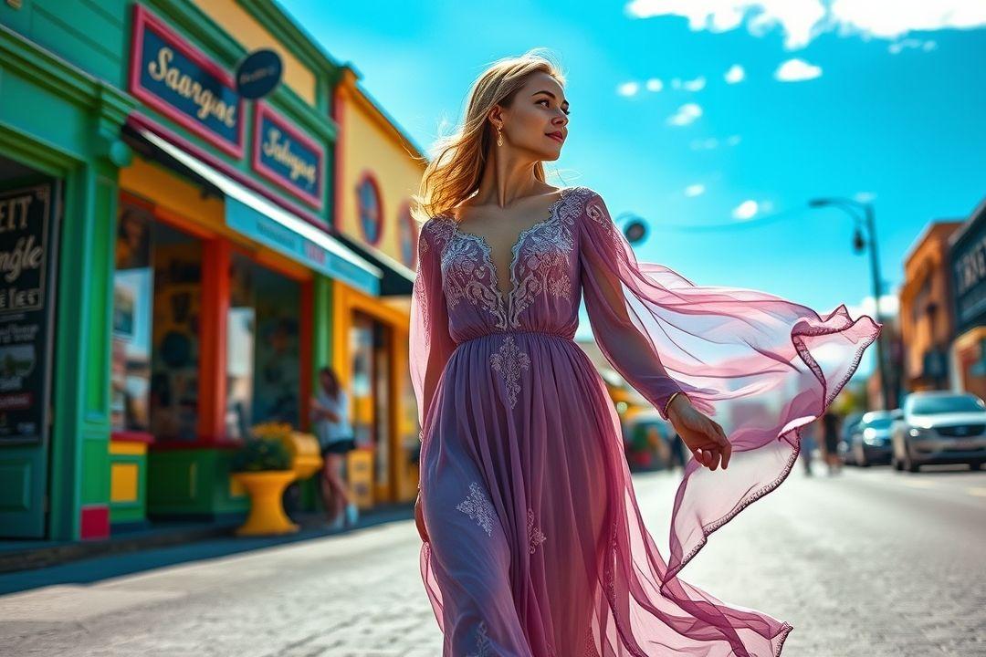 Шифоновое платье с яркими полосами на фоне фестиваля.