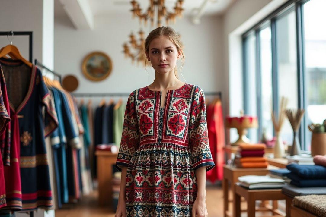 Белорусское платье, с пышной юбкой, на фоне свадебного декора.