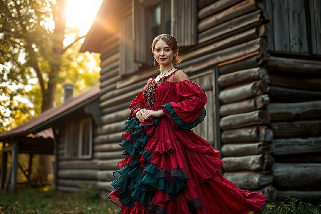 Платье с яркими цветами на фоне летнего сада.