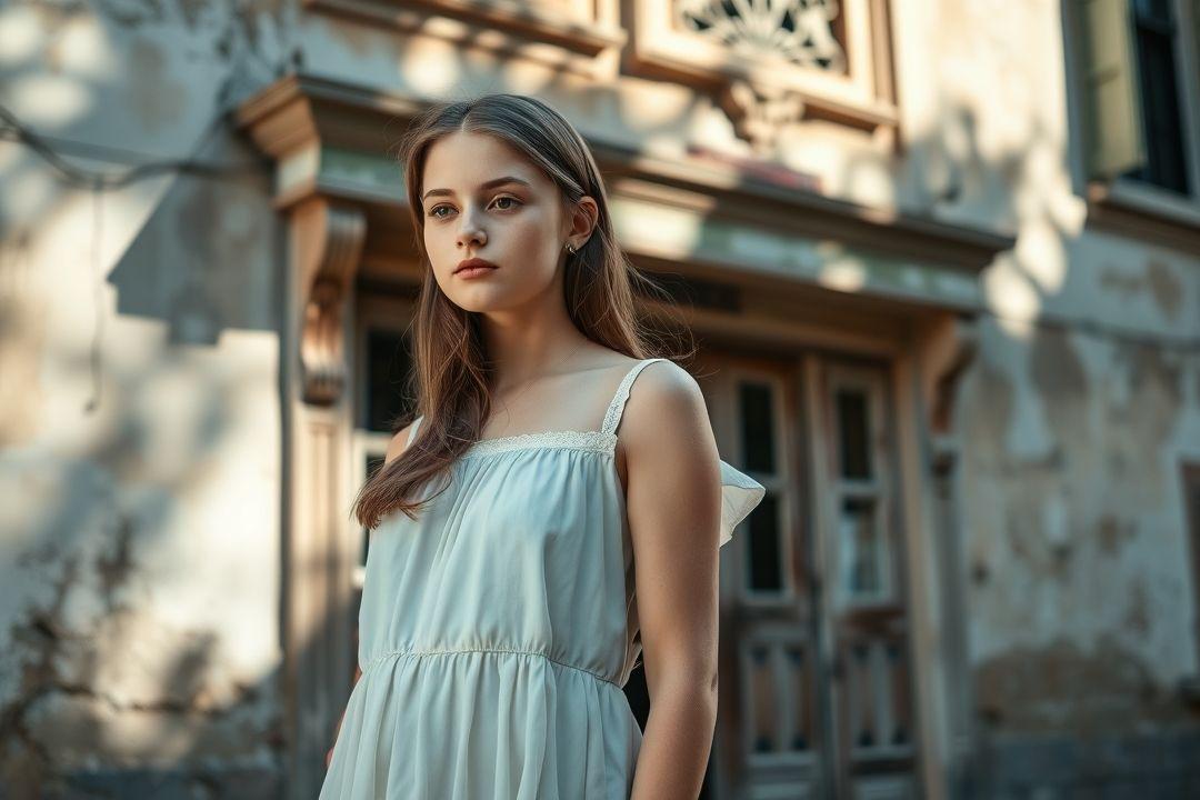 Девушка в легком платье с декольте, фотографирующаяся на улице с друзьями