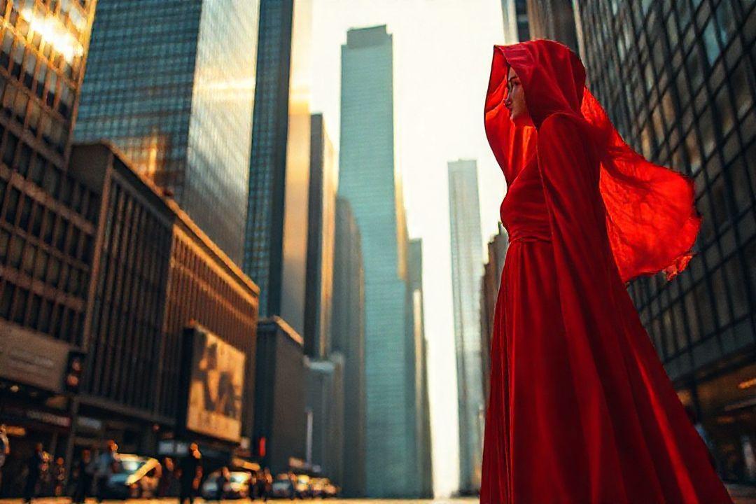 Длинное платье с капюшоном, штапель, яркий принт, на фоне вечернего города.
