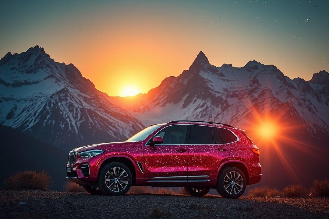 спортивный автомобиль в платье с геометрическим узором на трассе