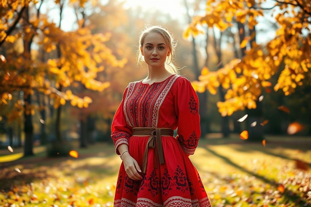 Белорусское платье с вышивкой на фоне леса
