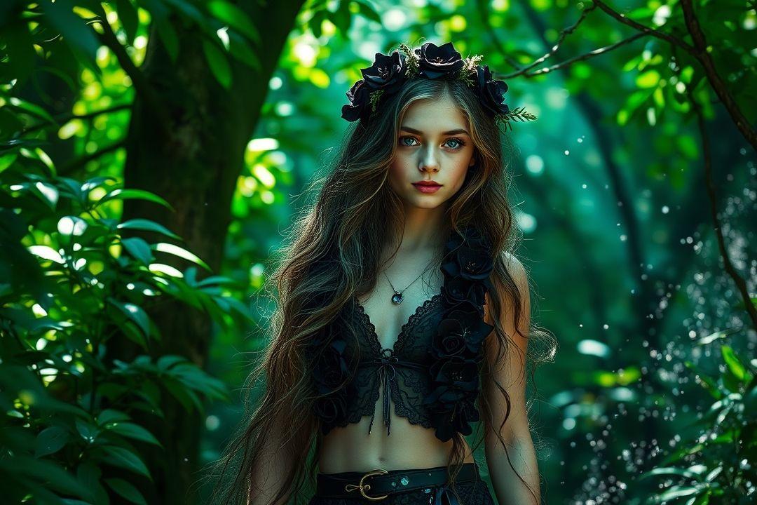 девушка в черном вечернем платье с блестками, позирующая для фотографии