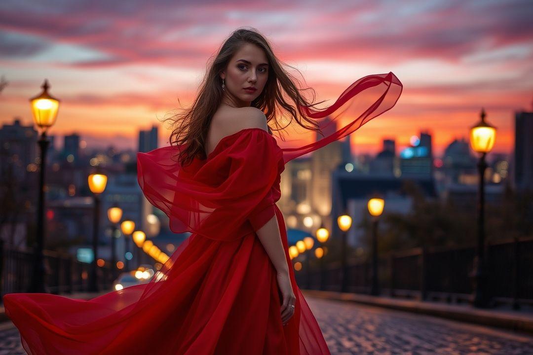 Молодая женщина в красном платье, стоящая на мосту