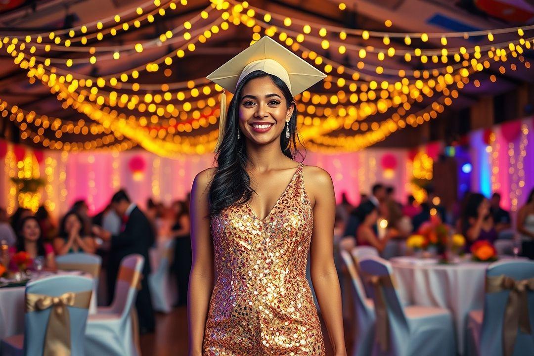  Выпускное платье с длинными рукавами, черного цвета, с мерцающим декором, на фоне студенческого кампуса