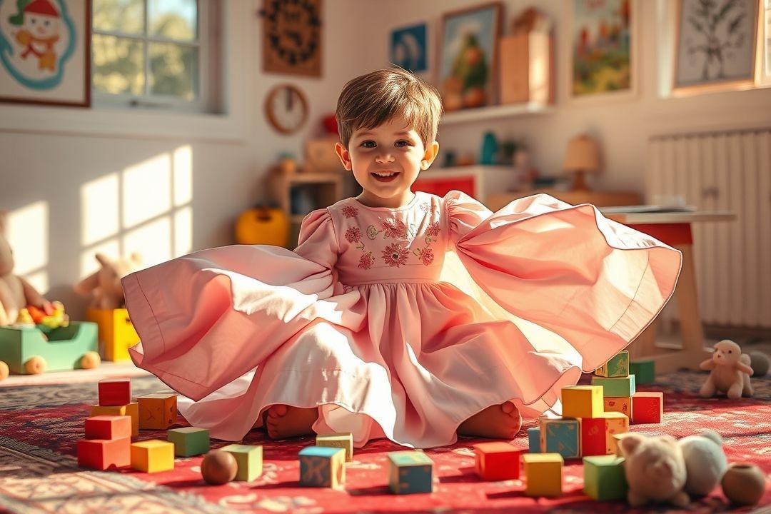 Мальчик в длинном платье, играющий на берегу моря