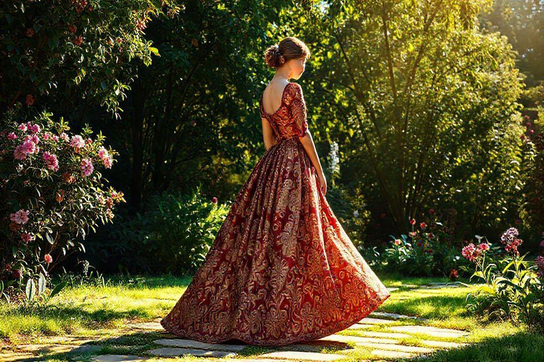  Красное бальное платье с длинной юбкой и щедрым декольте, adorned with pearls