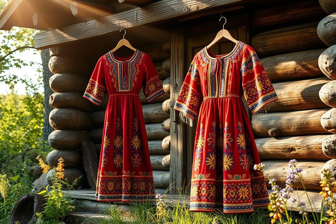 Платье с народным орнаментом на фоне березовой рощи