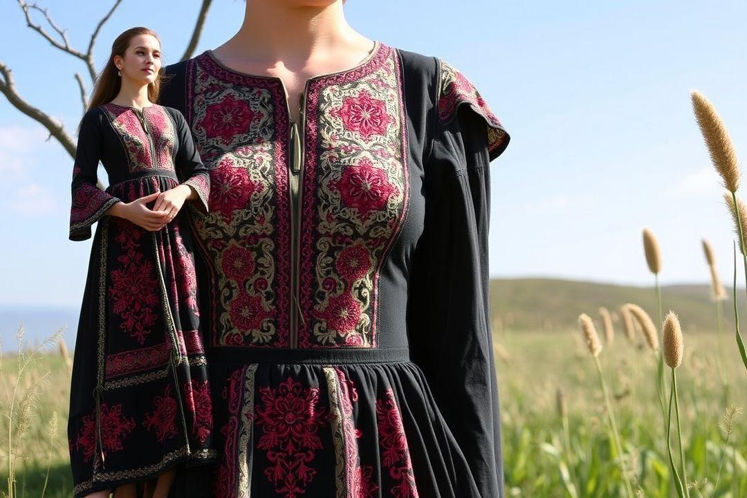 Платье Пелагеи в синем цвете с золотыми аксессуарами