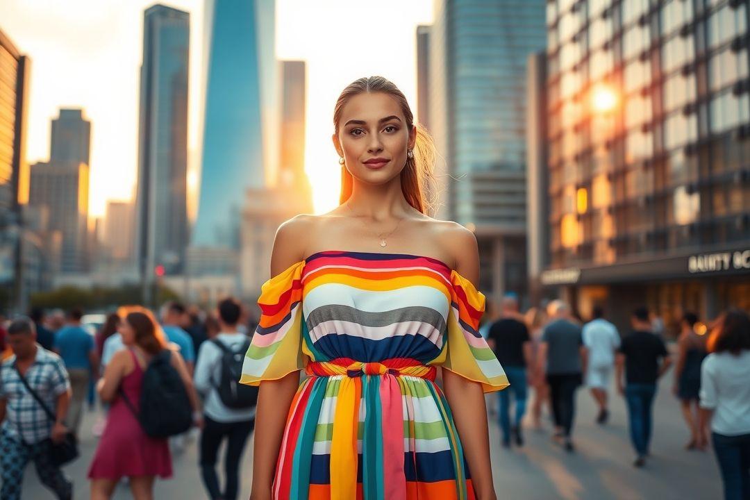 платье-рубашка в бело-синие полоски на уличной фотографии