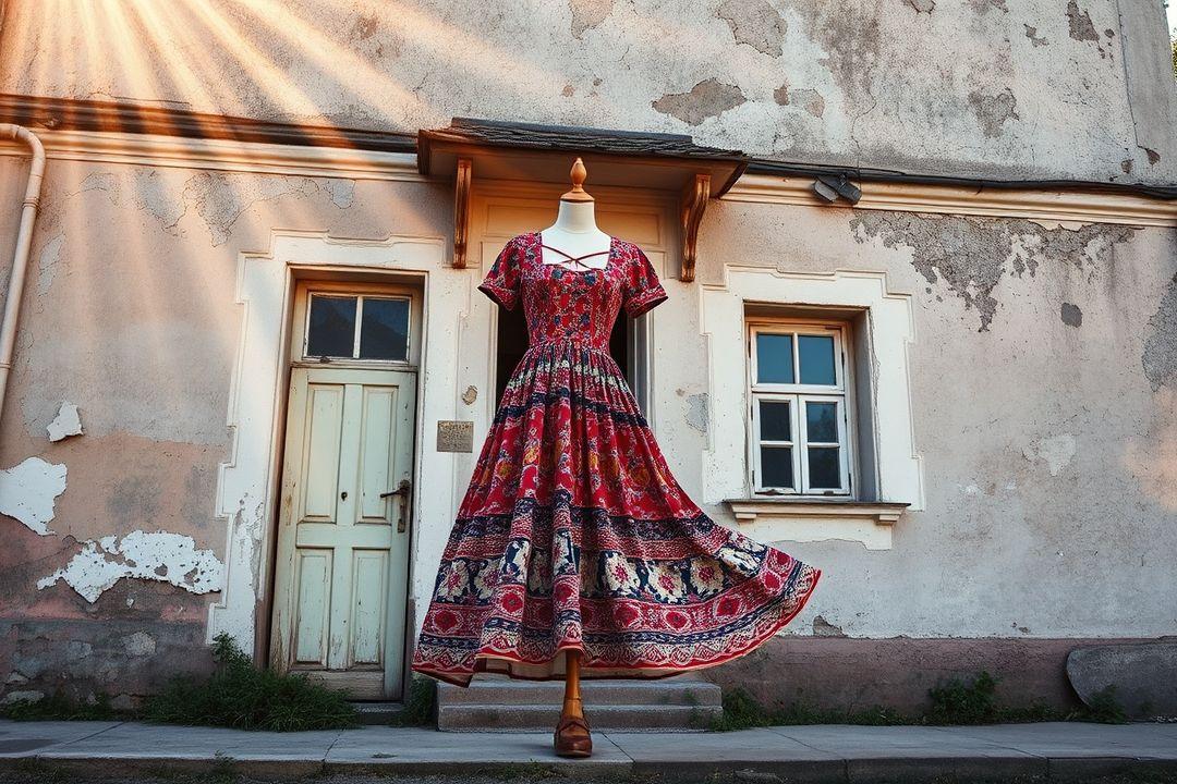 Модель в элегантном вечернем платье с вышивкой на фоне театра