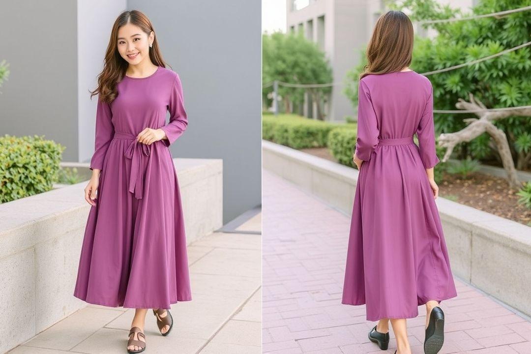  Платье для полных с завышенной талией, рукава-фонарики, в качестве акцента пояс