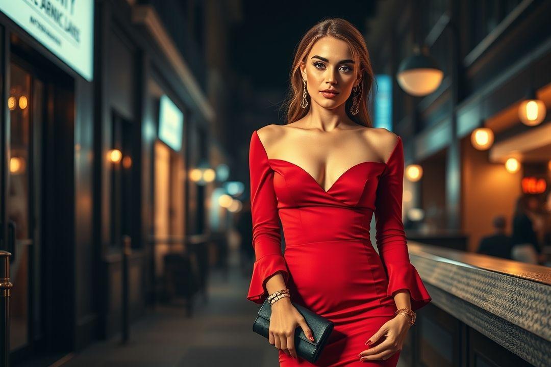 Женщина в красном мини-платье с длинными рукавами на вечеринке