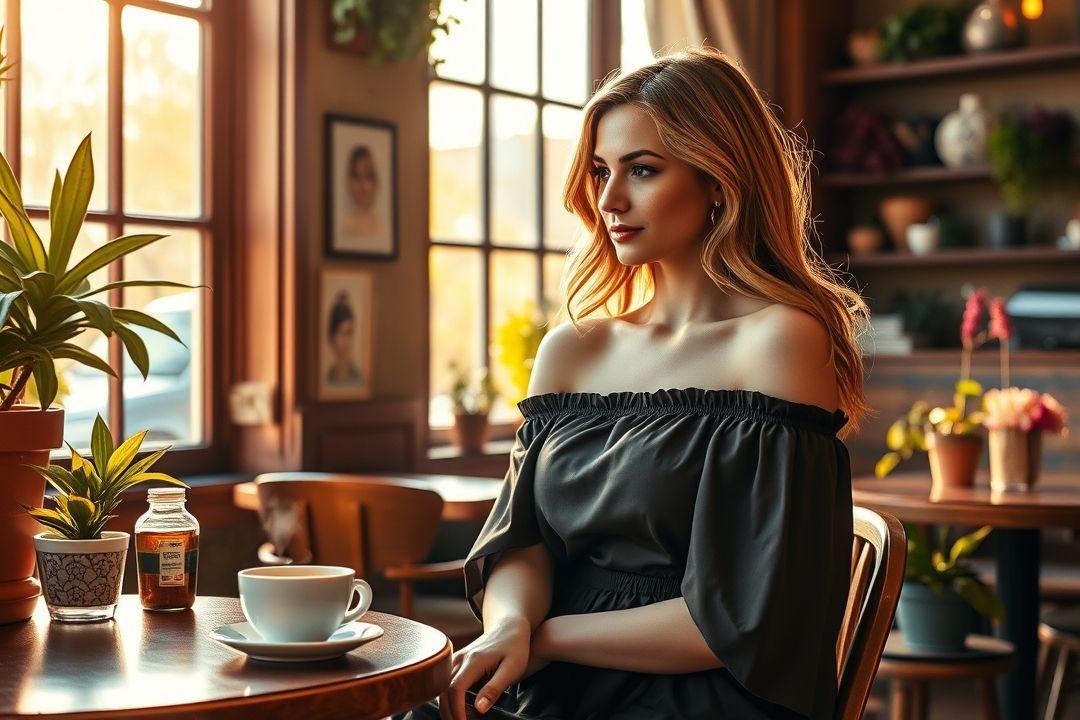 Женщина в элегантном платье, держущая в руках цветы