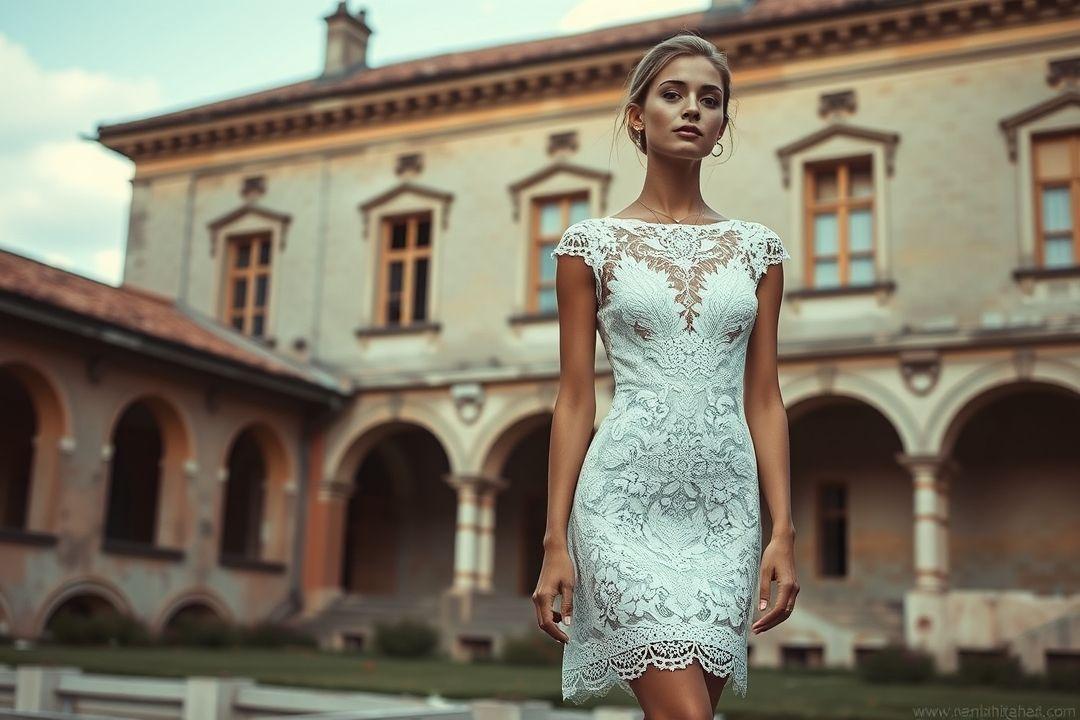  Платье из кружева с длинными рукавами на модели