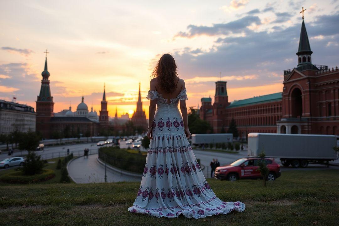 Платье в стиле бохо с этническими мотивами на фоне московского рынка