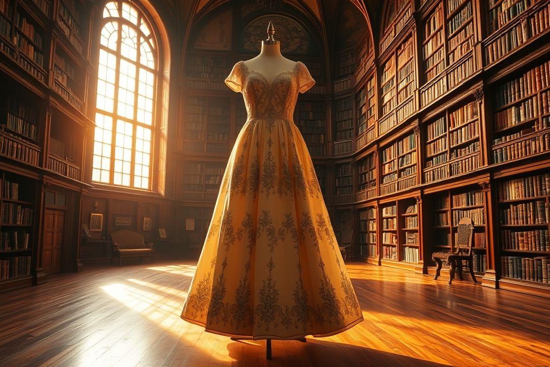 Королевское платье, разбросанное по полу с окружением книг