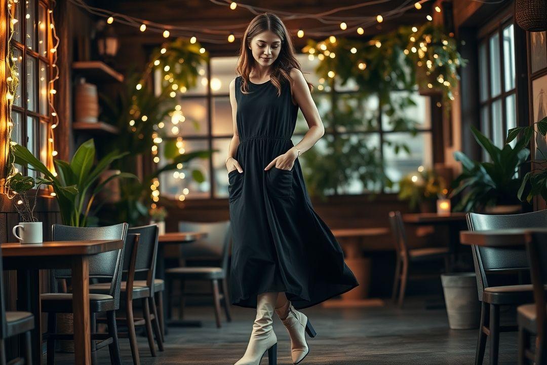 Черное платье с пышной юбкой и светлыми ботинками на фоне вечернего города