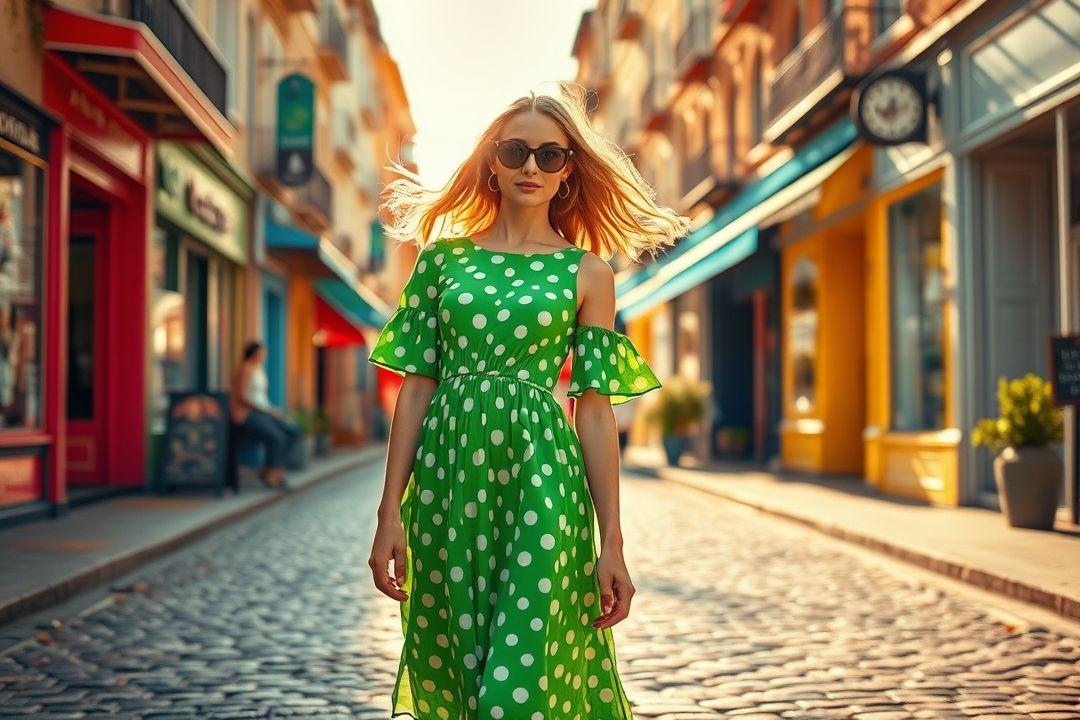 Летнее зеленое платье с цветочным принтом на пляже