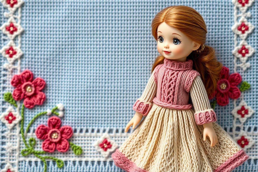  Платье для куклы, выполненное из пряжи разных цветов