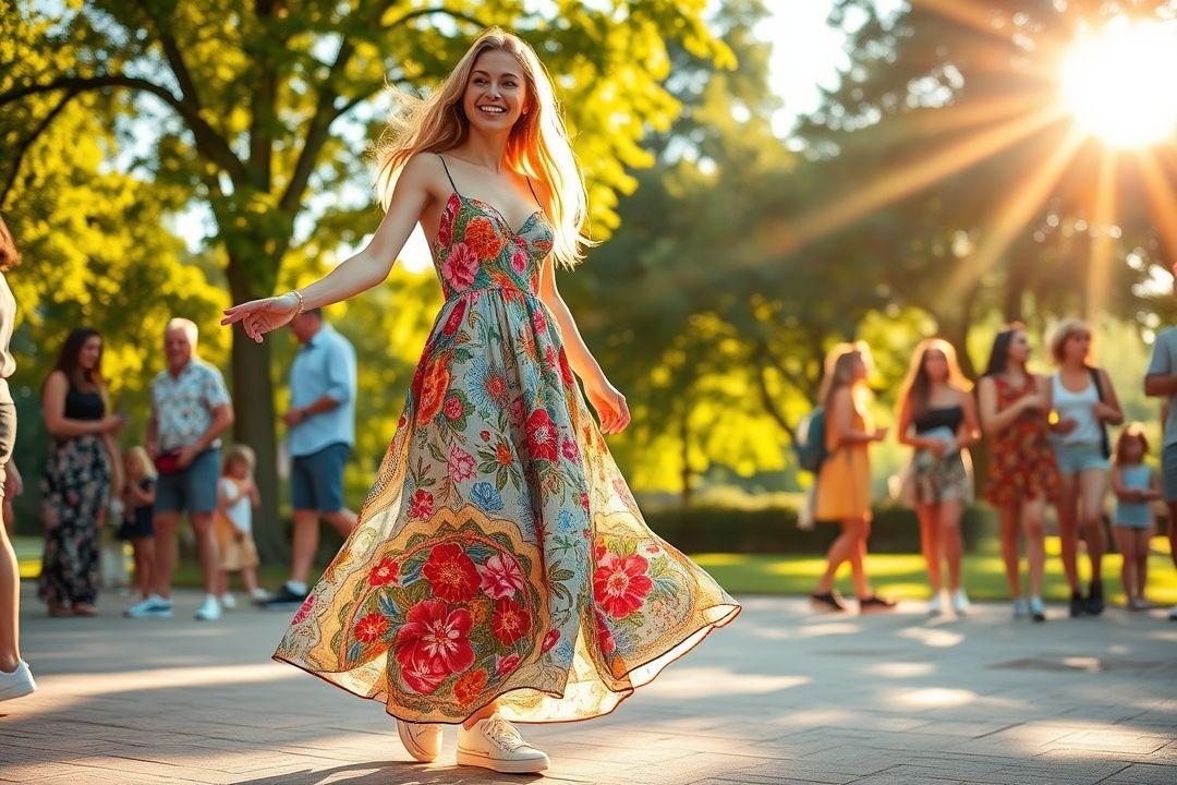  Макси платье с ярким узором и сандалиями на плоской подошве