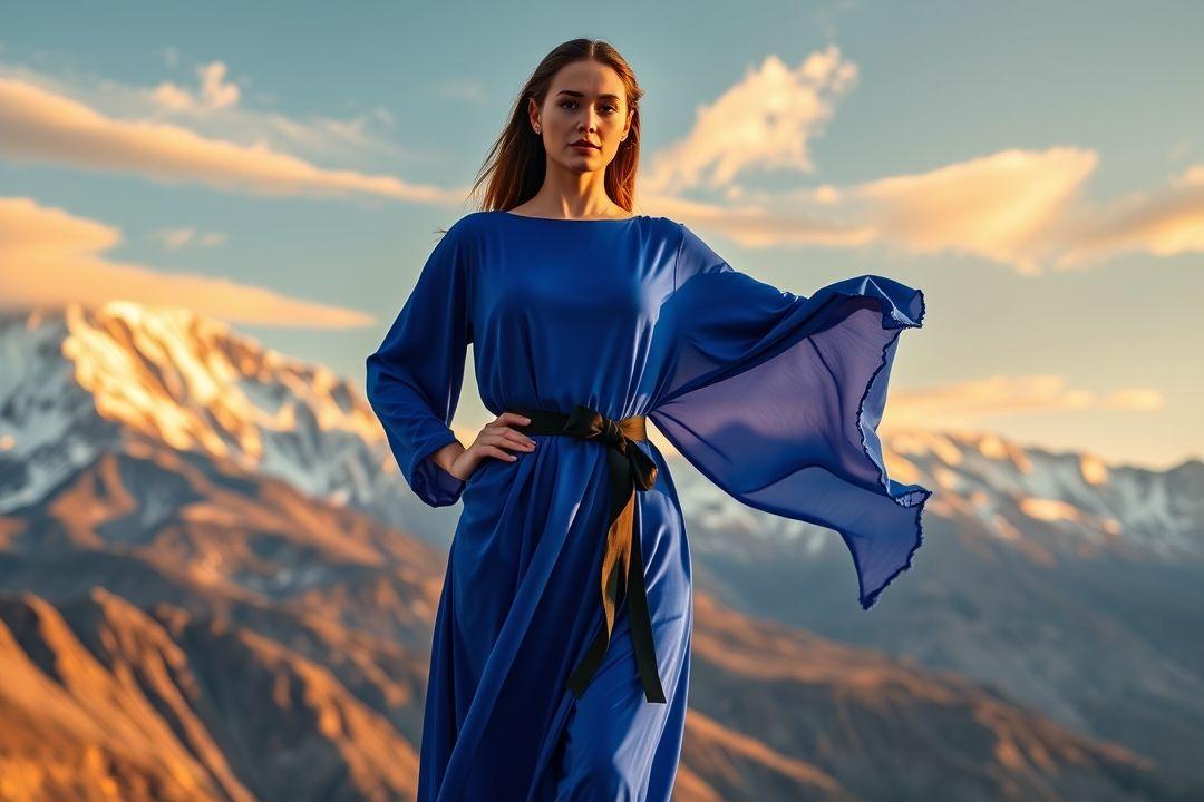 Синее платье с черным поясом на пляже