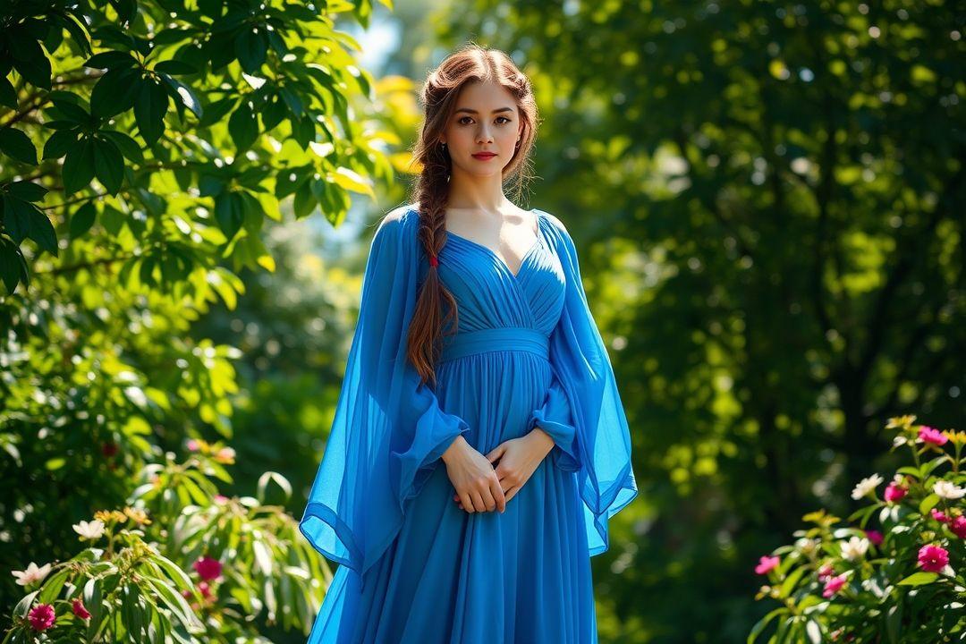 Синее платье с косами на пляже