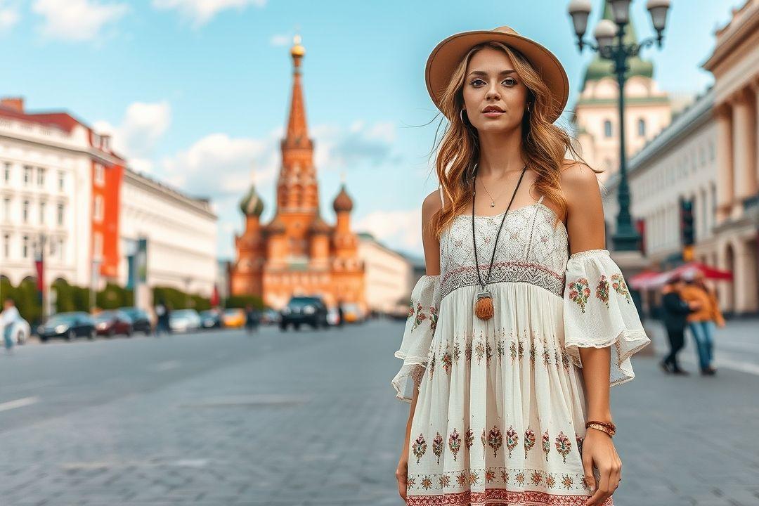 Платье в стиле бохо с вышивкой на фоне цветущего сада