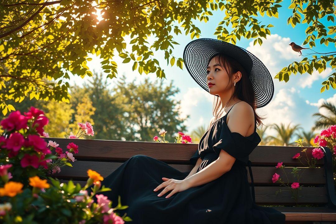  женщина в черном платье с шляпой, держащая цветы