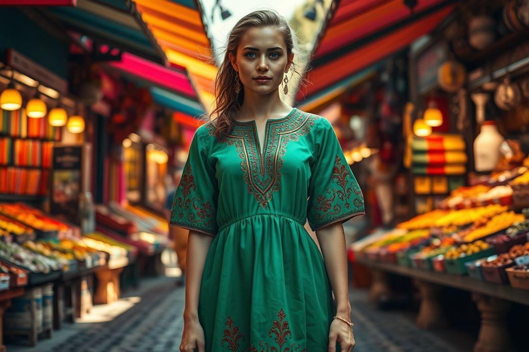 Классическое зеленое платье с поясом на модели в парке