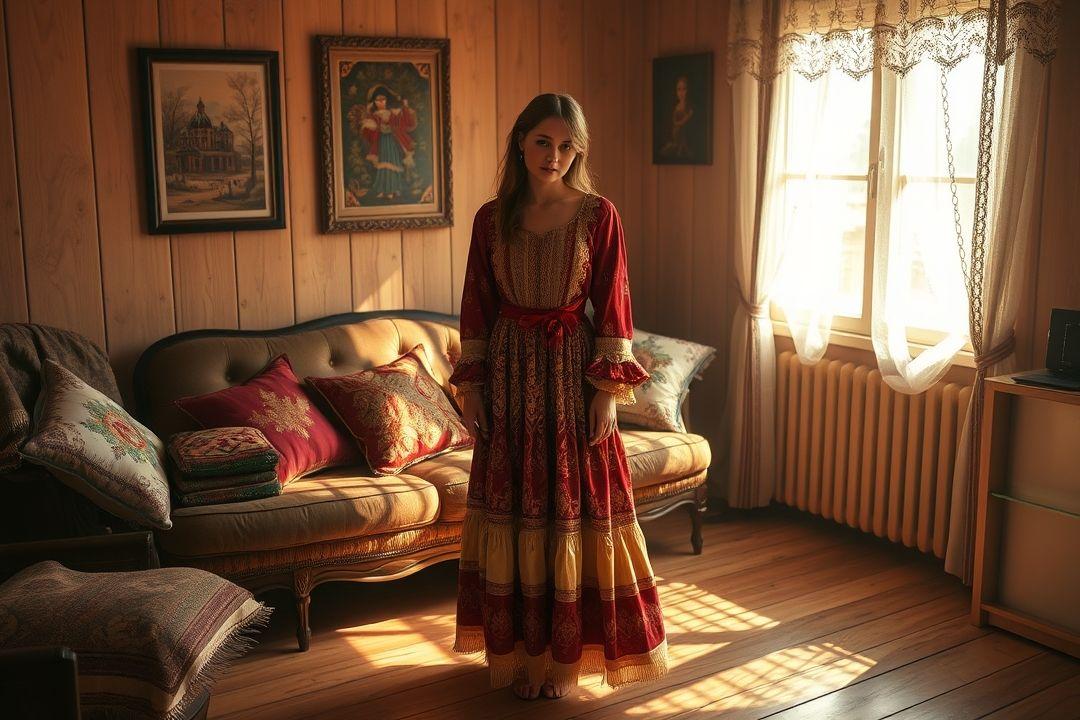 Платье с богатым рукавом и колоколом, на фоне старинного пейзажа