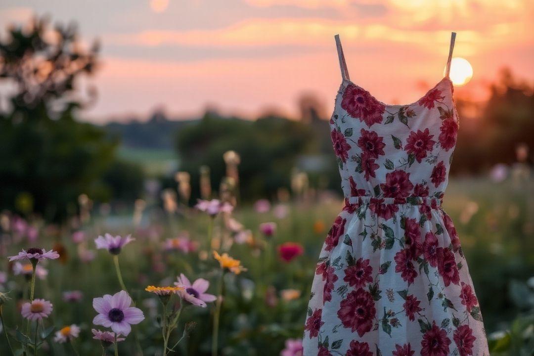 Модное светлое платье с асимметричным подолом на фоне зеленого парка