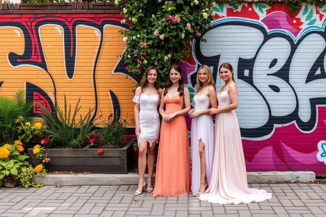 Групповая фото-сессия моделей в платьях на фоне рынка в Москве