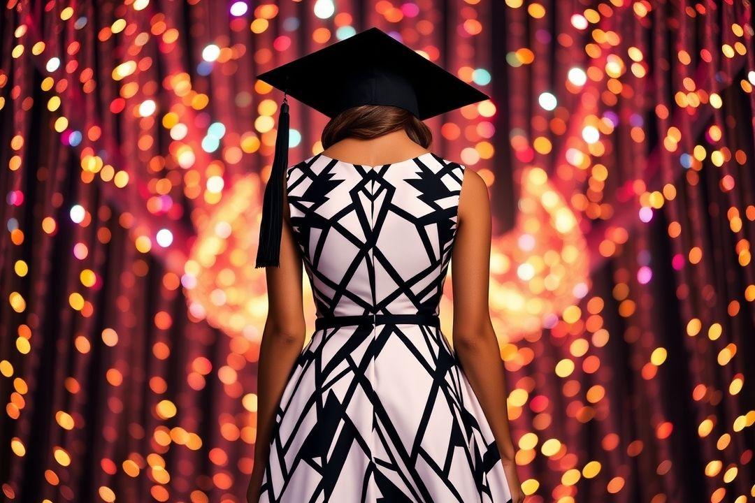  Классическое черное выпускное платье, с контрастным поясом, на фоне сцены