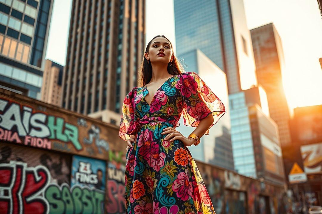Платье с пёстрой расцветкой на столе с тканями