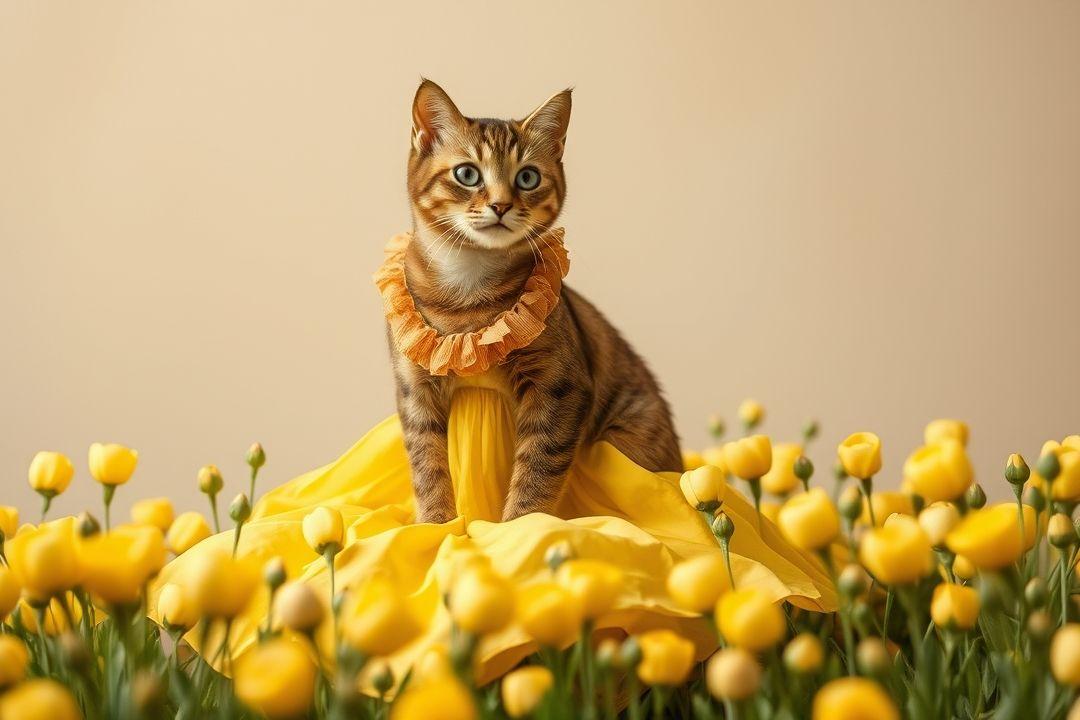 Платье с высоким воротником и желтой расцветкой с котом