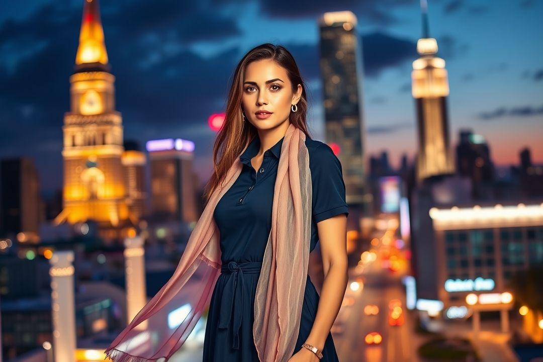  Платье поло, зеленое, с поясом, на фоне природы