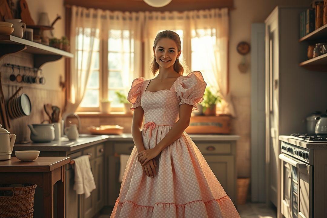 Классическое платье горничной с оборками и меховой отделкой
