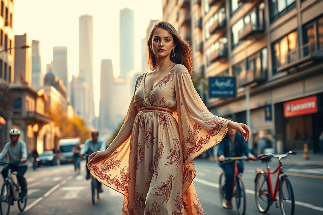 льняное платье с цветочным принтом на модели на улице