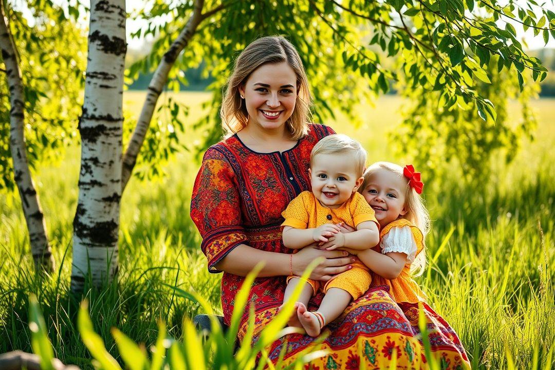 Русская мать в платье, стоящая у окна с видом на природу