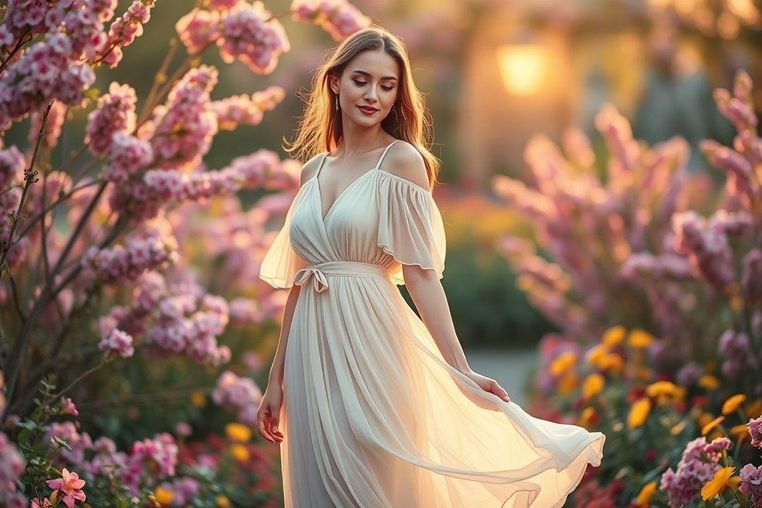 Модель в шифоновом платье, сидящая на траве
