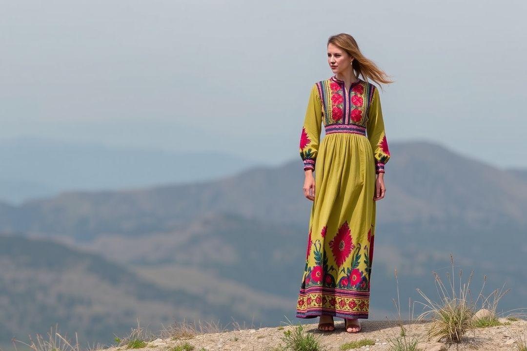 Длинное платье с воланами и узорами на ткани