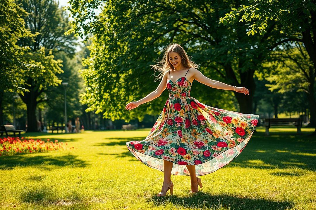 Платье с высоким воротником, чёрное, с длинными рукавами, на фоне осеннего парка