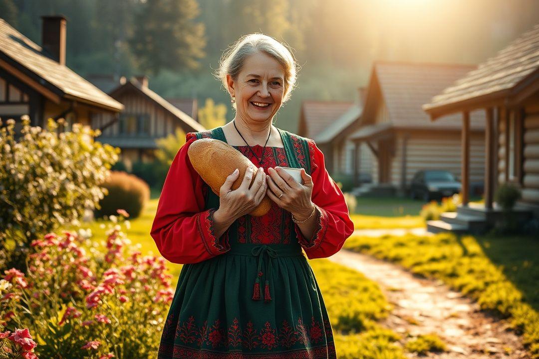 Русская мать в старинном платье, с корзиной ягод в руках