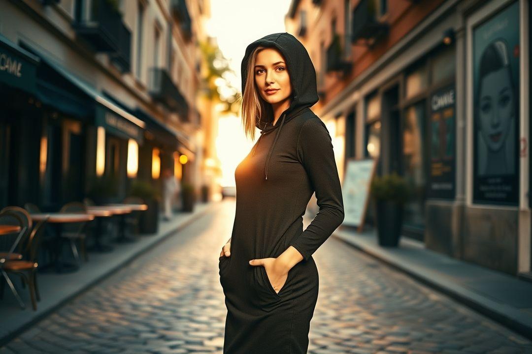 Платье с капюшоном, с длинными рукавами, в спортивном стиле