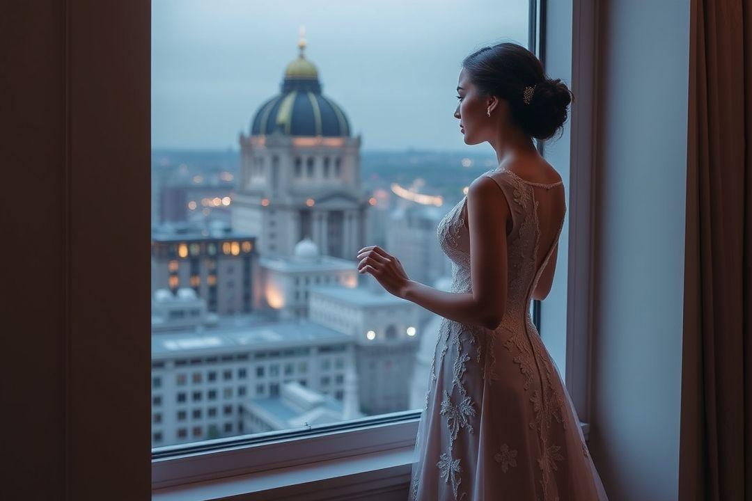 Женщина в пышном платье, сидящая на берегу реки