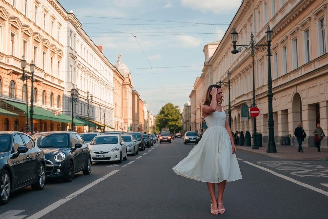 Платье из хлопка с ярким принтом на фоне уличного кафе